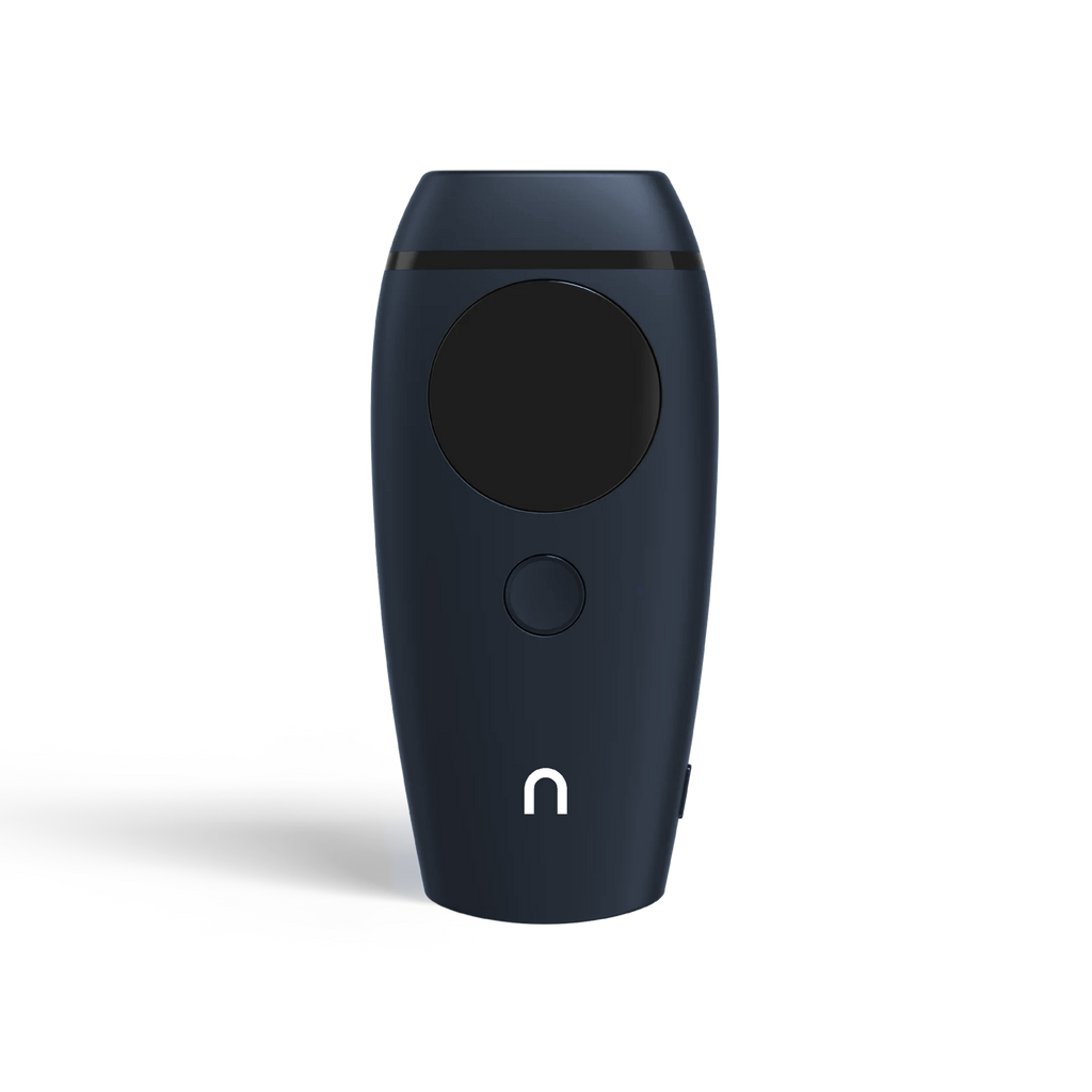 Nood Flasher 2.0 at-home IPL hair removal device in navy blue colorway on black background